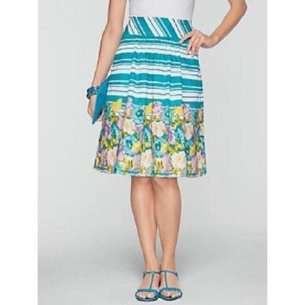 Talbots Skirt Womens 16 Aqua Blue Striped Floral Border Full Pleated Flirty Boho